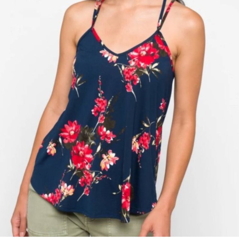 PaperMoon Floral Cami Tank Top Women’s Small Navy Red Cross-Back Straps